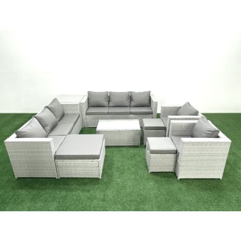 Fimous Outdoor Rattan Sofa Garden Furniture Set with 2 Armchairs Oblong Coffee Table 3 Footstools Side Table Light Grey Mixed (1/5)