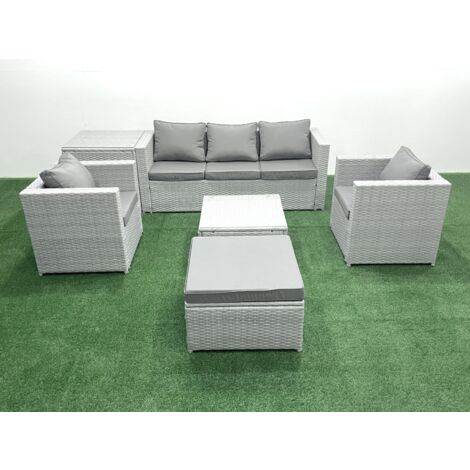 Fimous 6 Seater Rattan Garden Furniture Set with 3 Seater Sofa 2 Chair Square Coffee Table Big Footstool Side Table Light Grey Mixed (1/5)