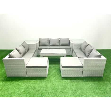 Fimous Rattan Garden Outdoor Furniture Set 11 Seater Garden Sofa Oblong Coffee Table Set with 2 Big Footstools 2 Side Tables Light Grey Mixed (1/5)