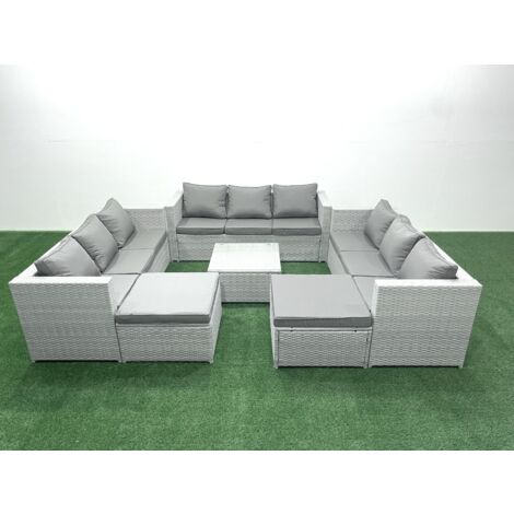 Fimous Rattan Garden Outdoor Furniture Set 11 Seater Rattan Garden Sofa Set with 2 Big Footstools Light Grey Mixed (1/5)