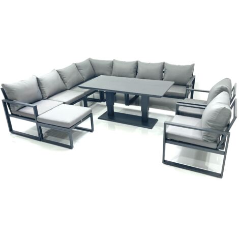 Fimous 10 Seater Outdoor Aluminum Garden Furniture Set Corner Sofa Big Footstool 2 Chairs Adjustable Rising Lifting Dining Table Sets Dark Grey (1/5)