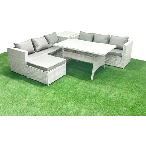 Fimous Rattan Garden Furniture Set 7 Seater Outdoor Sofa Set with Dining Table Side Table Big Footstool Light Grey Mixed (1/5)