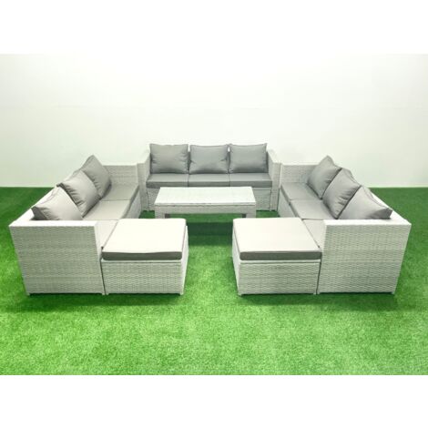 Fimous Rattan Garden Outdoor Furniture Set 11 Seater Garden Sofa Oblong Coffee Table Set with 2 Big Footstools Light Grey Mixed (1/5)