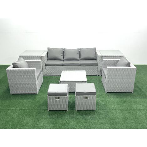 Fimous 7 Seater Rattan Garden Furniture Set with 3 Seater Sofa 2 Chair Square Coffee Table 2 Small Footstools 2 Side Tables Light Grey Mixed (1/5)