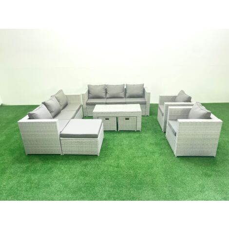 Fimous Outdoor Garden Furniture Rattan Sofa Set with 2 Armchairs Oblong Coffee Table 3 Footstools Light Grey Mixed (1/5)