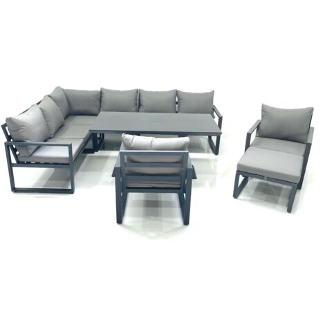 Fimous Aluminum Outdoor Garden Furniture Set Corner Sofa Big Footstool 2 Chairs Adjustable Rising Lifting Dining Table Sets Dark Grey (1/5)