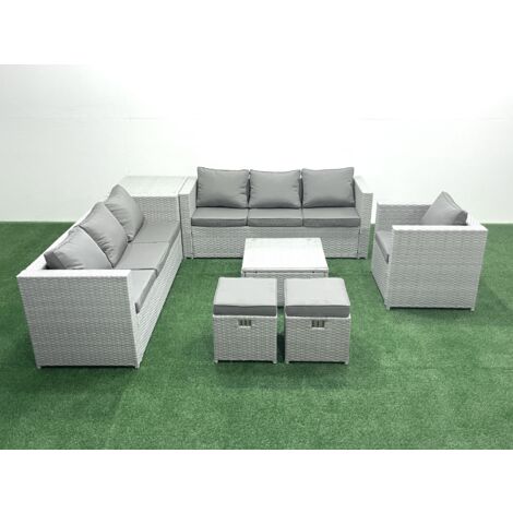 Fimous Wicker PE Rattan Sofa Garden Furniture Set with Armchair Square Coffee Table 2 Small Footstools Side Table Light Grey Mixed (1/5)