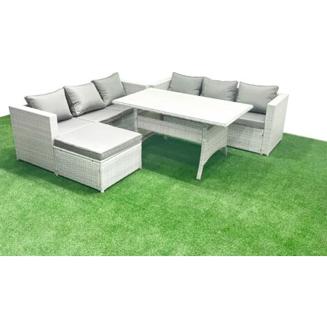 Fimous Rattan Garden Furniture Set 7 Seater Outdoor Sofa Set with Dining Table Big Footstool Light Grey Mixed (1/5)
