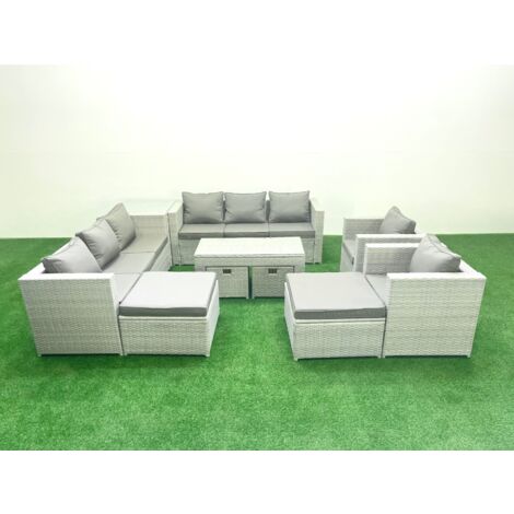 Fimous Rattan Garden Furniture Set Outdoor Lounger Sofa with Coffee Table 4 Footstools Side Table Light Grey Mixed (1/5)