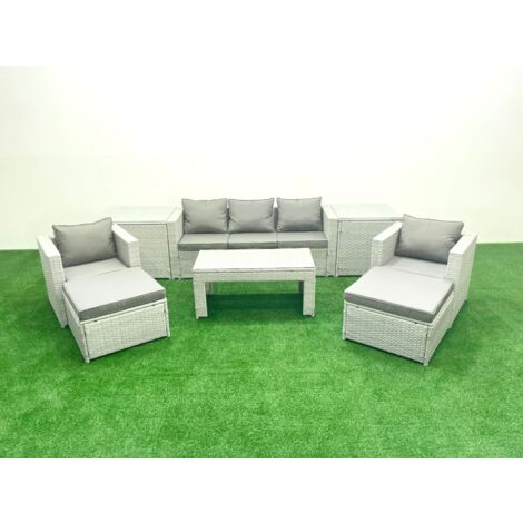 Fimous Rattan Garden Furniture Set 7 Seater Outdoor Garden Sofa 2 Chairs Oblong Coffee Table Set with 2 Stools 2 Side Tables Light Grey Mixed (1/5)