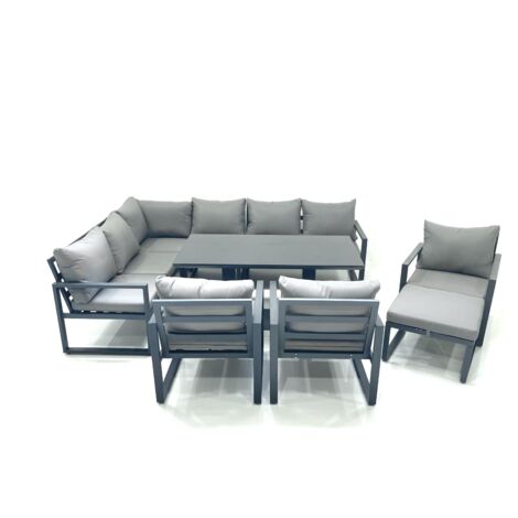 Fimous Aluminum Outdoor Garden Furniture Set Corner Sofa Big Footstool 3 Chairs Adjustable Rising Lifting Dining Table Sets Dark Grey (1/5)