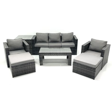 Fimous 7 Seater Rattan Garden Furniture Set Outdoor Lounger Sofa with Coffee Table 2 Armchair 2 Big Footstools Side Table Dark Grey Mixed