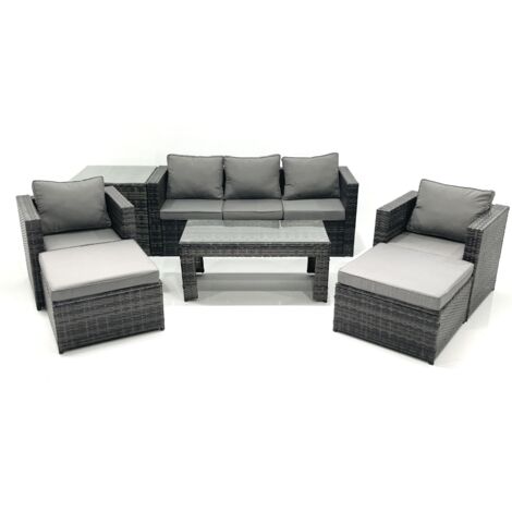 Fimous 7 Seater Rattan Garden Furniture Set Outdoor Lounger Sofa with Coffee Table 2 Armchair 2 Big Footstools Side Table Dark Grey Mixed