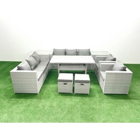 Fimous Rattan Garden Furniture Set Outdoor 8 Seater Patio Dinin g Sofa Sets with Dining Table 2 Chairs 2 Side Tables 2 Small Footstools Light Grey Mixed (1/5)
