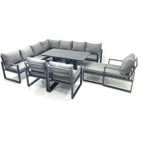 Fimous 11 Seater Outdoor Aluminum Garden Furniture Set Corner Sofa Big Footstool 3 Chairs Adjustable Rising Lifting Dining Table Sets Dark Grey (1/5)