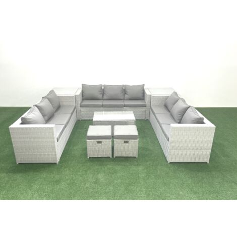Fimous Rattan Garden Outdoor Furniture Set 11 Seater Garden Sofa Coffee Table Set with 2 Small Footstool 2 Side Tables Light Grey Mixed (1/5)