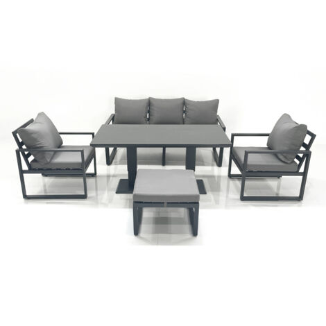 Fimous Outdoor Aluminium Garden Furniture Set with Adjustable Rising Lifting Dining Table 3 Seater Sofa 2 Chair Big Footstool Dark Grey (1/5)