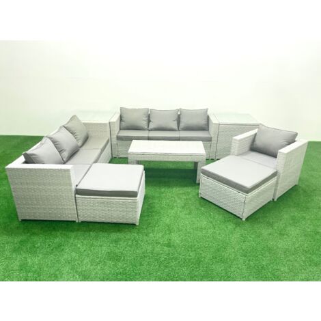 Fimous Wicker PE Rattan Sofa Garden Furniture Set with Oblong Coffee Table Armchair 2 Big Footstools 2 Side Tables Light Grey Mixed (1/5)