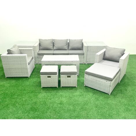 Fimous Rattan Garden Furniture Set 8 Seater Outdoor Garden Sofa Oblong Coffee Table Set with 2 Chairs 3 Stools 2 Side Tables Light Grey Mixed (1/5)
