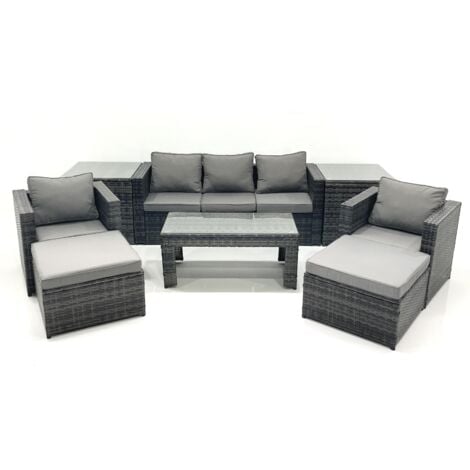 Fimous 7 Seater Rattan Garden Furniture Set Outdoor Lounger Sofa with Coffee Table 2 Armchair 2 Big Footstools 2 Side Tables Dark Grey Mixed