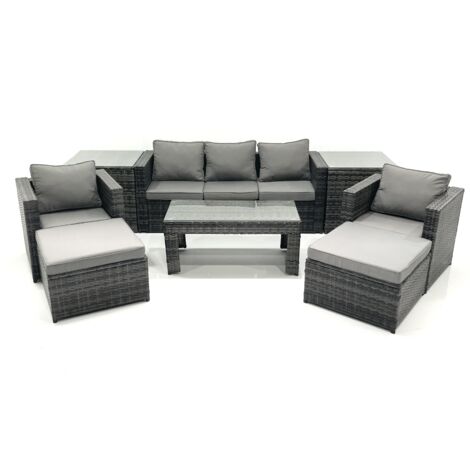 Fimous 7 Seater Rattan Garden Furniture Set Outdoor Lounger Sofa with Coffee Table 2 Armchair 2 Big Footstools 2 Side Tables Dark Grey Mixed