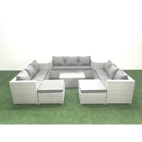 Fimous Rattan Garden Outdoor Furniture Set 11 Seater Garden Sofa Coffee Table Set with 2 Big Footstools Light Grey Mixed (1/5)