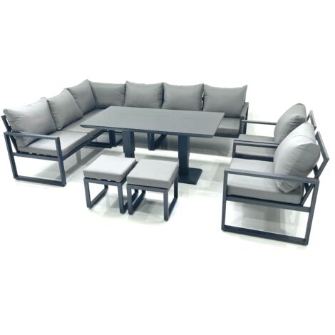 Fimous Aluminum Outdoor Garden Furniture Set Corner Sofa 2 Chair 2 Small Footstool Adjustable Rising Lifting Dining Table Sets Dark Grey (1/5)