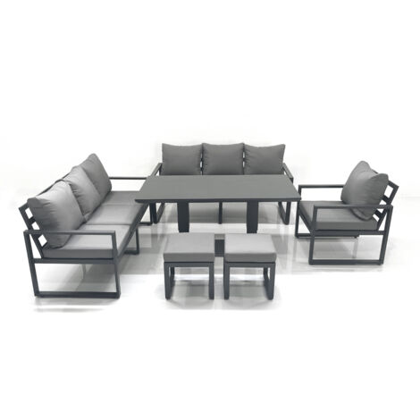 Fimous Outdoor Garden Furniture Set Aluminium Lounge Sofa Adjustable Rising Lifting Dining Table Sets with 2 Small Footstools Dark Grey (1/5)