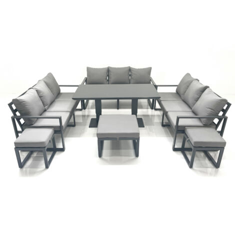 Fimous 12 Seater Garden Sofa Set Aluminium Furniture Rising Dining Tabe Set wth 3 Footstools Dark Grey (1/5)