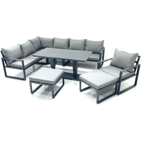 Fimous Aluminum Outdoor Garden Furniture Set Corner Sofa Chair 2 Big Footstools Adjustable Rising Lifting Dining Table Sets Dark Grey (1/5)