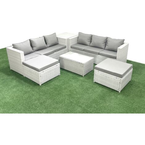 Fimous Garden Outdoor PE Rattan Furniture Set 8 Seater Rattan Garden Sofa Set with 2 Big Footstools Side Table Light Grey Mixed (1/5)