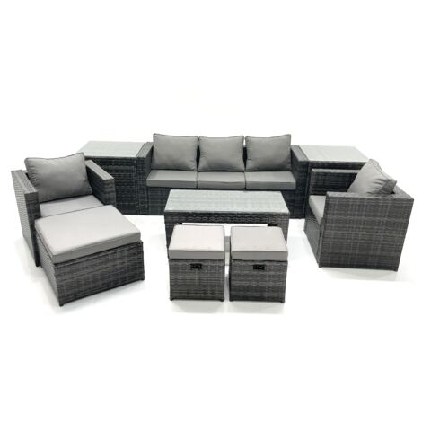 Fimous 8 Seater Rattan Garden Furniture Set Outdoor Lounger Sofa with Coffee Table 2 Armchair 3 Footstools 2 Side Tables Dark Grey Mixed