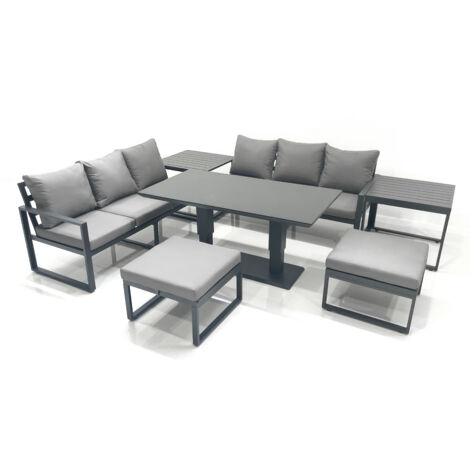 Fimous 8 Seater Aluminium Outdoor Garden Furniture Set with Adjustable Rising Lifting Dining Table 3 Seater Sofa 2 Big Footstool 2 Side Tables Dark Grey