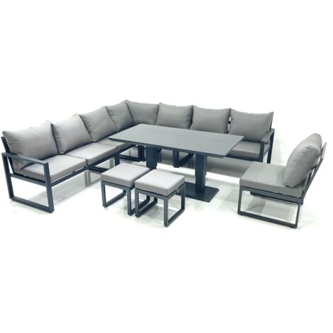 Fimous 10 Seater Outdoor Aluminum Garden Furniture Set Corner Sofa 2 Small Footstools Rising Lifting Dining Table Sets Dark Grey (1/5)