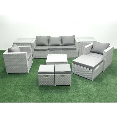 Fimous Rattan Garden Outdoor Furniture Sofa Set with Square Coffee Table 2 Chairs 3 Footstools 2 Side Tables Light Grey Mixed (1/5)