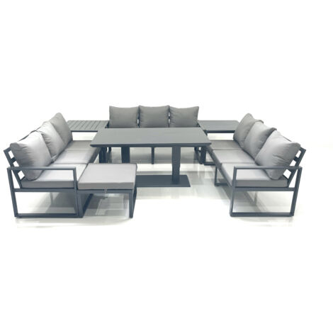 Fimous 10 Seater Garden Sofa Set Aluminium Furniture Rising Dining Tabe Set with 2 Side Tables Big Footstool Dark Grey