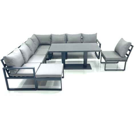 Fimous 9 Seater Outdoor Aluminum Garden Furniture Set Corner Sofa Big Footstool Rising Lifting Dining Table Sets Dark Grey (1/5)