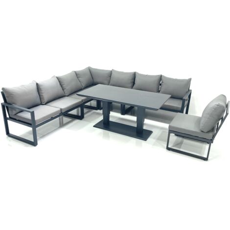 Fimous 8 Seater Outdoor Aluminum Garden Furniture Set Corner Sofa Rising Lifting Dining Table Sets Dark Grey