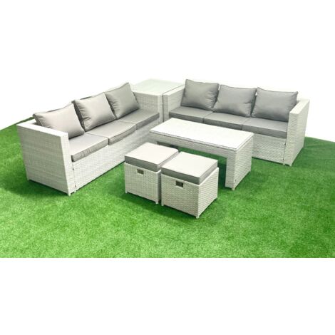 Fimous 8 Seater Garden Outdoor Rattan Furniture Set Rattan Garden Sofa Oblong Coffee Table with 2 Small Footstool Side Table Light Grey Mixed (1/5)