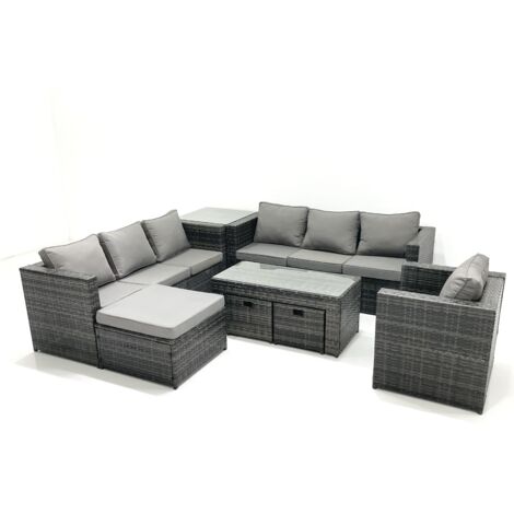 Fimous Outdoor Garden Furniture Set 10 Seater Rattan Sofa Set with Coffee Table 3 Big Footstools Armchair Side Table Dark Grey Mixed