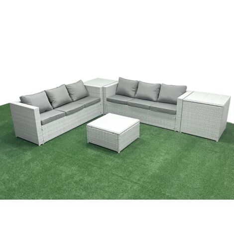 Fimous Rattan Garden Outdoor Furniture Set 6 Seater Rattan Garden Sofa Set with 2 Side Tables Light Grey Mixed (1/5)