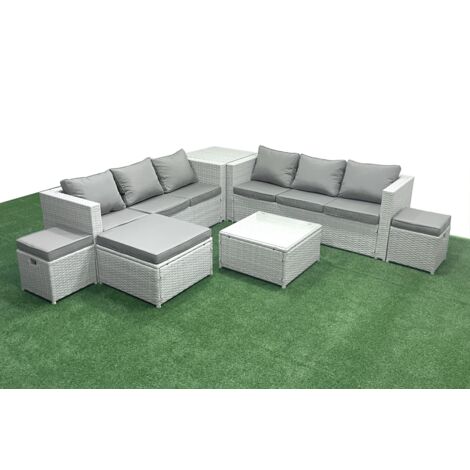 Fimous Rattan Garden Outdoor Furniture Set 9 Seater Rattan Garden Sofa Set with 3 Footstools Side Table Light Grey Mixed (1/5)