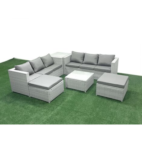 Fimous Rattan Garden Outdoor Furniture Set 8 Seater Rattan Garden Sofa Set with 2 Big Footstools Side Table Light Grey Mixed (1/5)