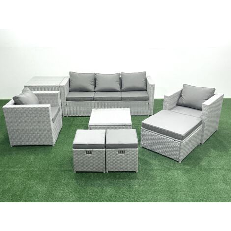 Fimous Rattan Garden Outdoor Furniture Sofa Set with Square Coffee Table 2 Chairs 3 Footstools Side Table Light Grey Mixed (1/5)