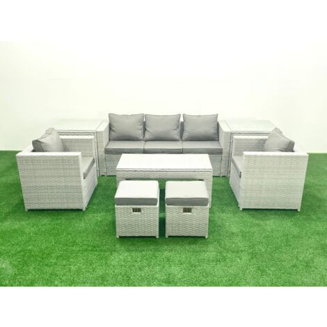 Fimous Rattan Garden Furniture Set 7 Seater Outdoor Garden Sofa Oblong Coffee Table Set with 2 Chairs 2 Stools 2 Side Tables Light Grey Mixed (1/5)