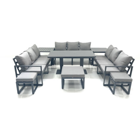 Fimous 12 Seater Garden Sofa Set Aluminium Furniture Rising Dining Tabe Set with 2 Side Tables 3 Footstools Dark Grey (1/5)