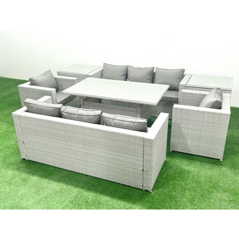 Fimous Rattan Garden Furniture Set Outdoor 8 Seater Patio Dinin g Sofa Sets with Dining Table 2 Chairs 2 Side Tables Light Grey Mixed (1/5)