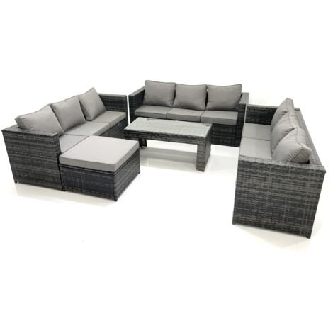 Fimous Outdoor Garden Furniture Set 10 Seater Rattan Sofa Set with Coffee Table Big Footstool Dark Grey Mixed