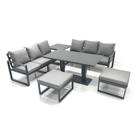 Fimous 8 Seater Aluminium Outdoor Garden Furniture Set with Adjustable Rising Lifting Dining Table 3 Seater Sofa 2 Big Footstool Side Table Dark Grey (1/5)