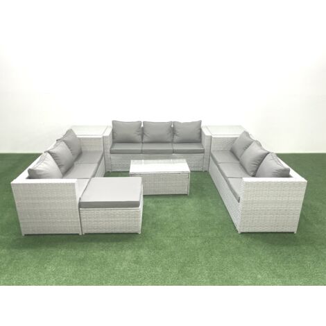 Fimous Rattan Garden Outdoor Furniture Set 10 Seater Garden Sofa Coffee Table Set with Big Footstool 2 Side Tables Light Grey Mixed (1/5)